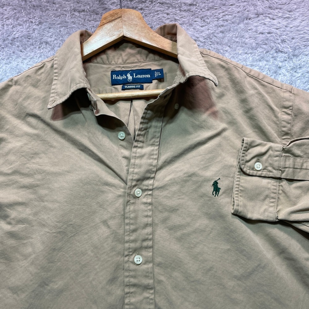 Polo Ralph Lauren Mens Large Tan Classic Fit Button Down Cotton Shirt Khaki L